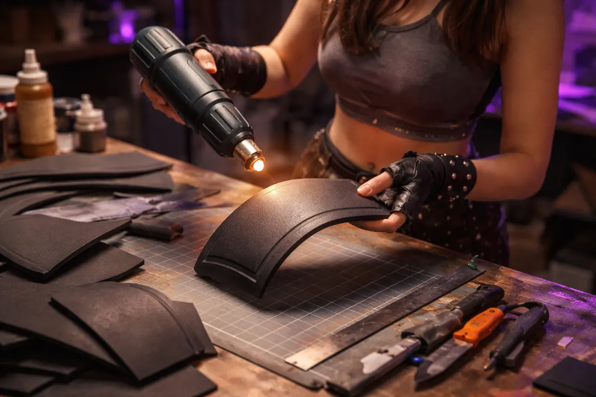 Mains d'une cosplayeuse thermoformant une pièce d'armure en mousse EVA au décapeur sur un établi de travail