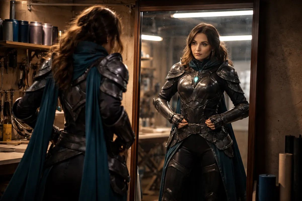 Cosplayeuse en armure finie ajustant sa ceinture dans un miroir d'atelier, costume complet éclairé par une lumière chaude