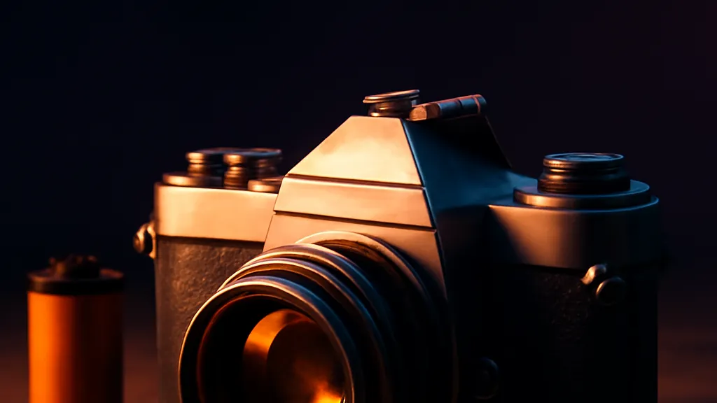Boîtier photographique mécanique ancien posé sur un établi, lumière rasante nocturne