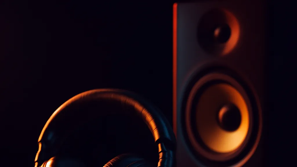 Casque audio fermé posé sur un meuble bas dans un salon, à côté d'une enceinte compacte et d'un rideau de lin