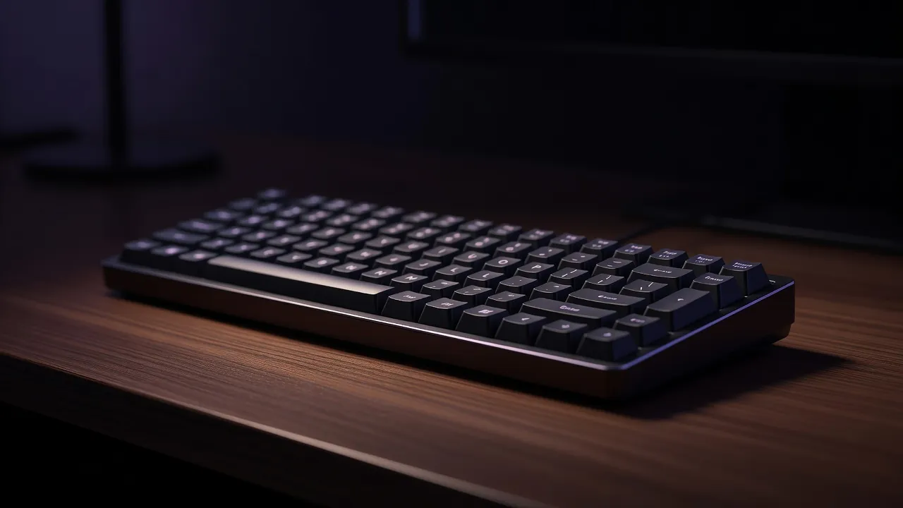 Clavier mécanique posé sur un bureau en bois, touches en plastique mat légèrement patinées, lumière rasante de fin d'après-midi
