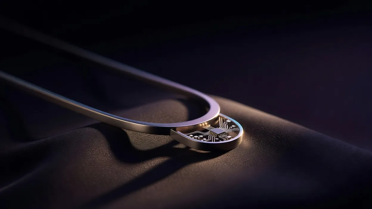 Pendentif contemporain intégrant un composant électronique, photographié comme une pièce de joaillerie