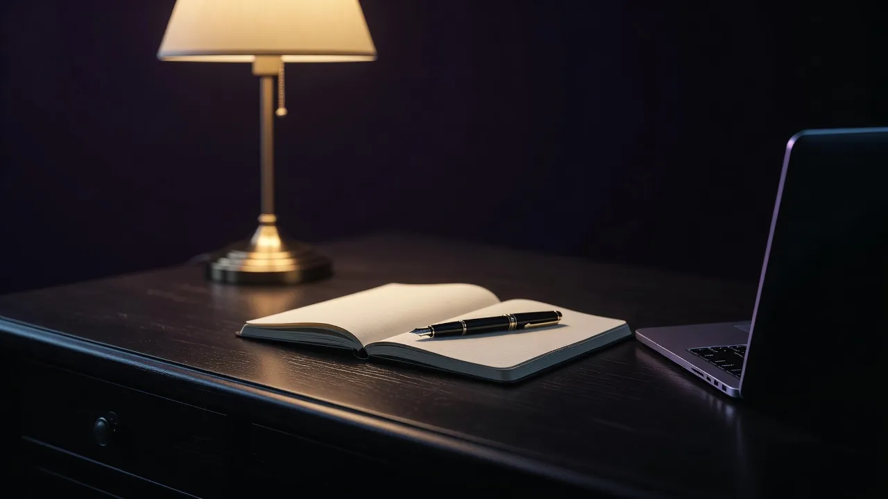 Bureau nocturne avec un carnet ouvert et une lampe allumée