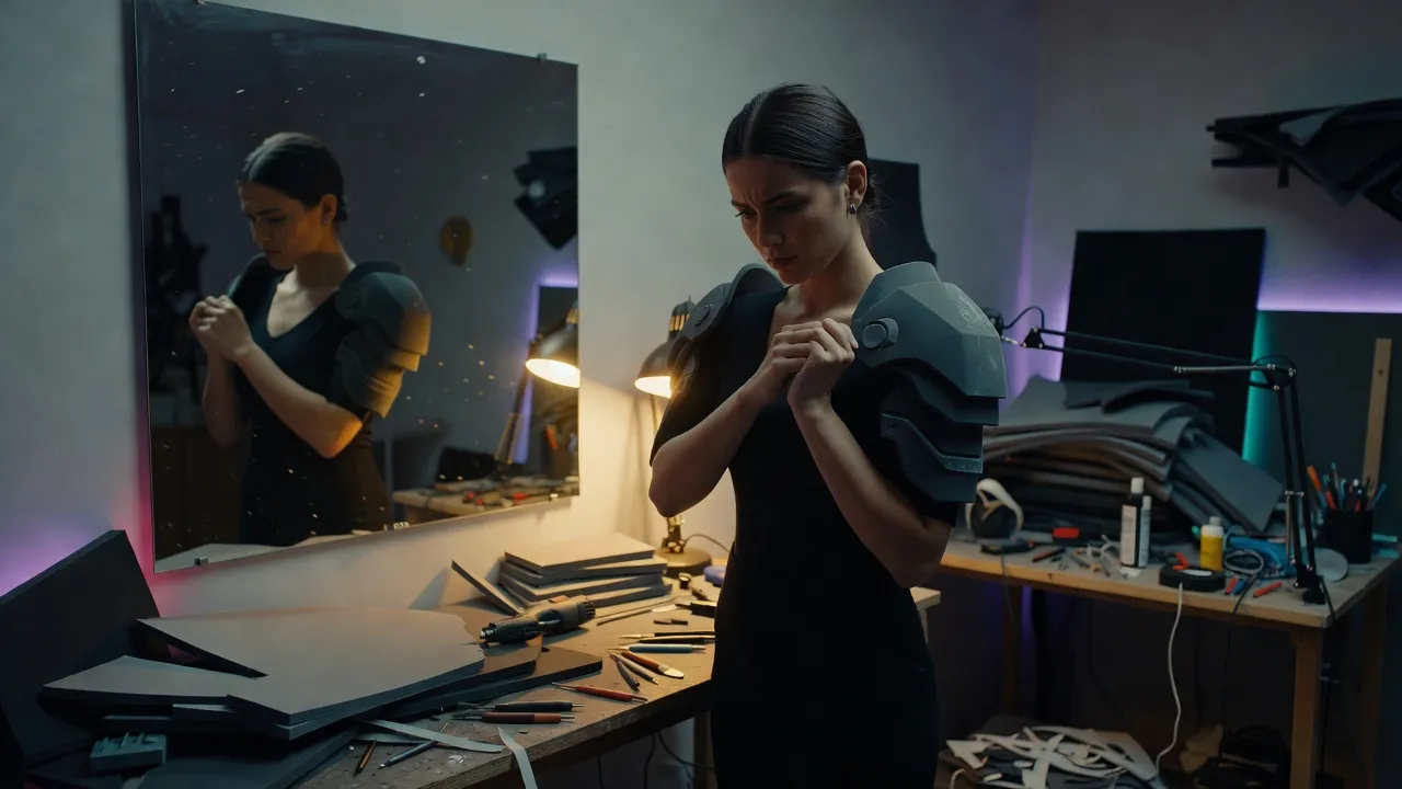 Jeune femme cosplayeuse ajustant une armure d'épaule en mousse sur son costume, dans un atelier de fabrication éclairé par une lampe de travail