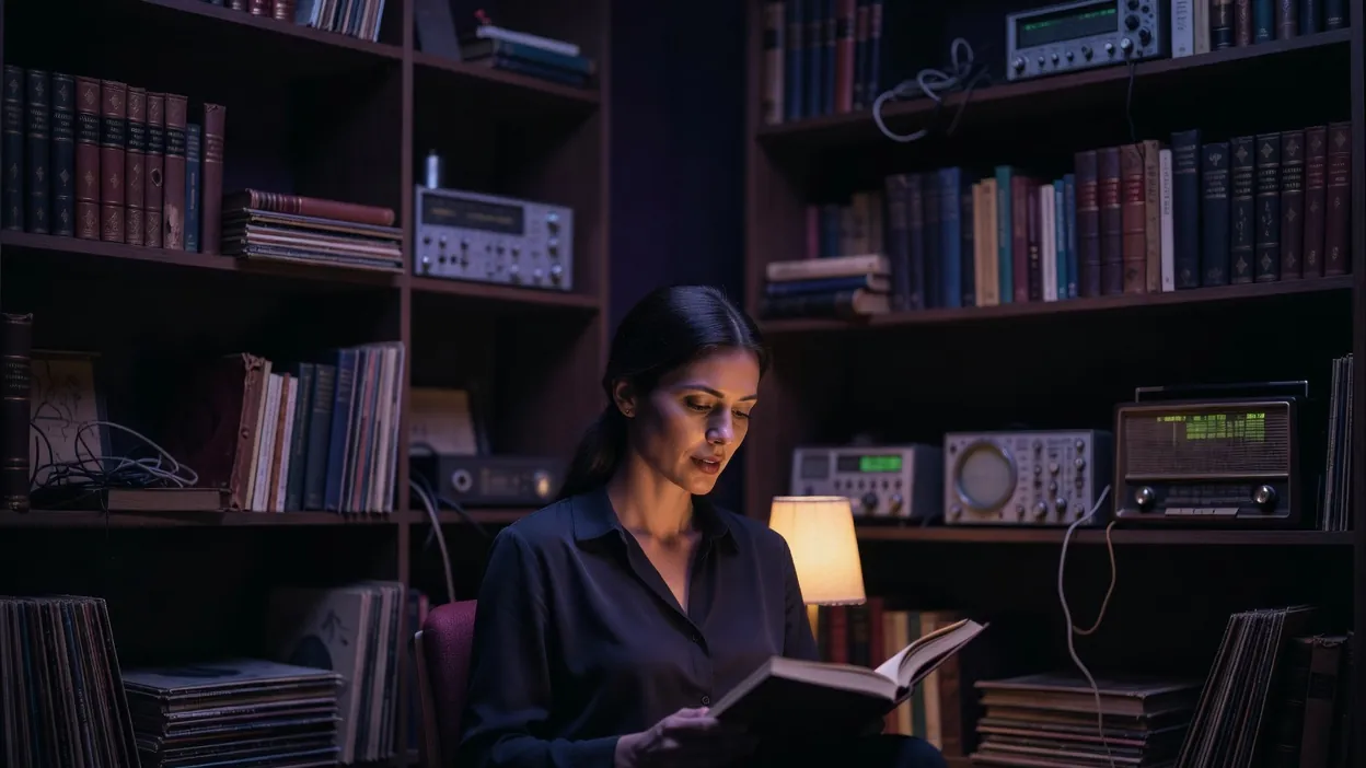 Lectrice dans un intérieur nocturne entourée d'objets de culture geek