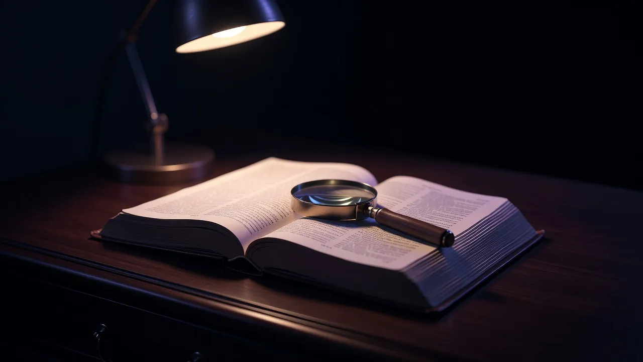 Pages d'un dictionnaire ouvert sous une lampe de bureau, ambiance nocturne