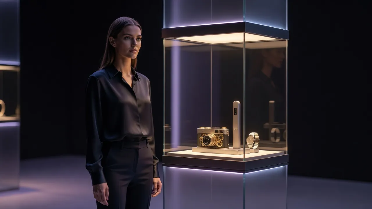 Scene editoriale nocturne : une vitrine eclairee presentant des objets technologiques