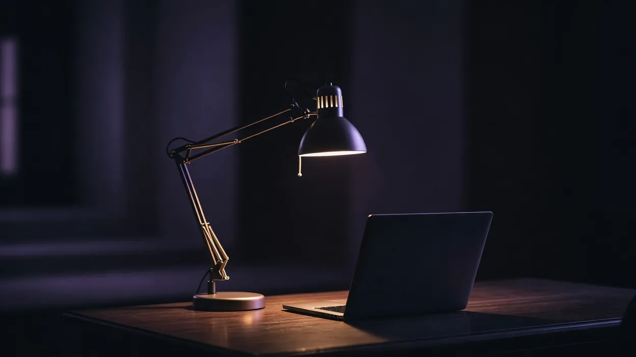 Lampe de bureau articulée en métal brossé éclairant un plan de travail en bois près d'un écran, pièce plongée dans une pénombre douce