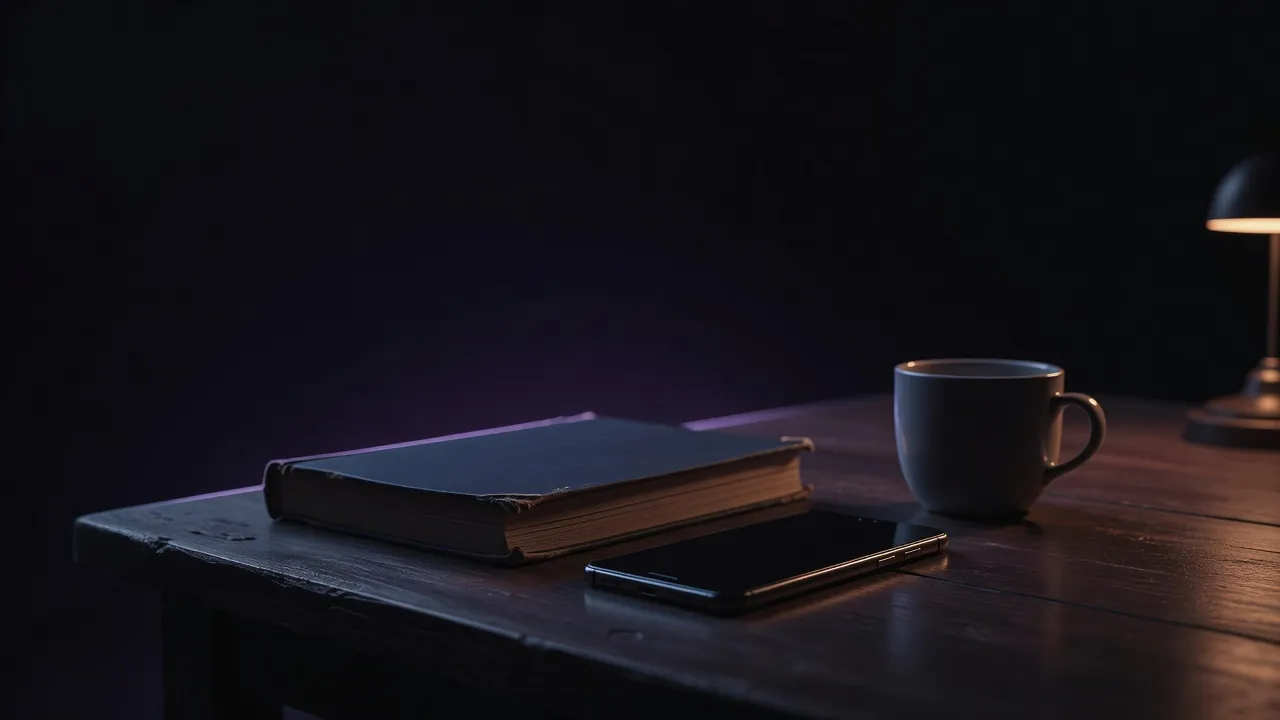 Une main posée sur un téléphone retourné sur une table en bois, une tasse de café et un carnet ouvert à côté
