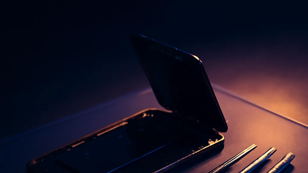 Un smartphone ouvert sur un établi, écran déposé à côté, petits tournevis et ventouse alignés sur un tapis de travail