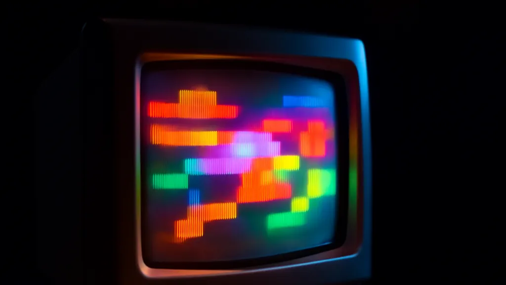 Ecran cathodique affichant une image de jeu ancien dans une piece sombre