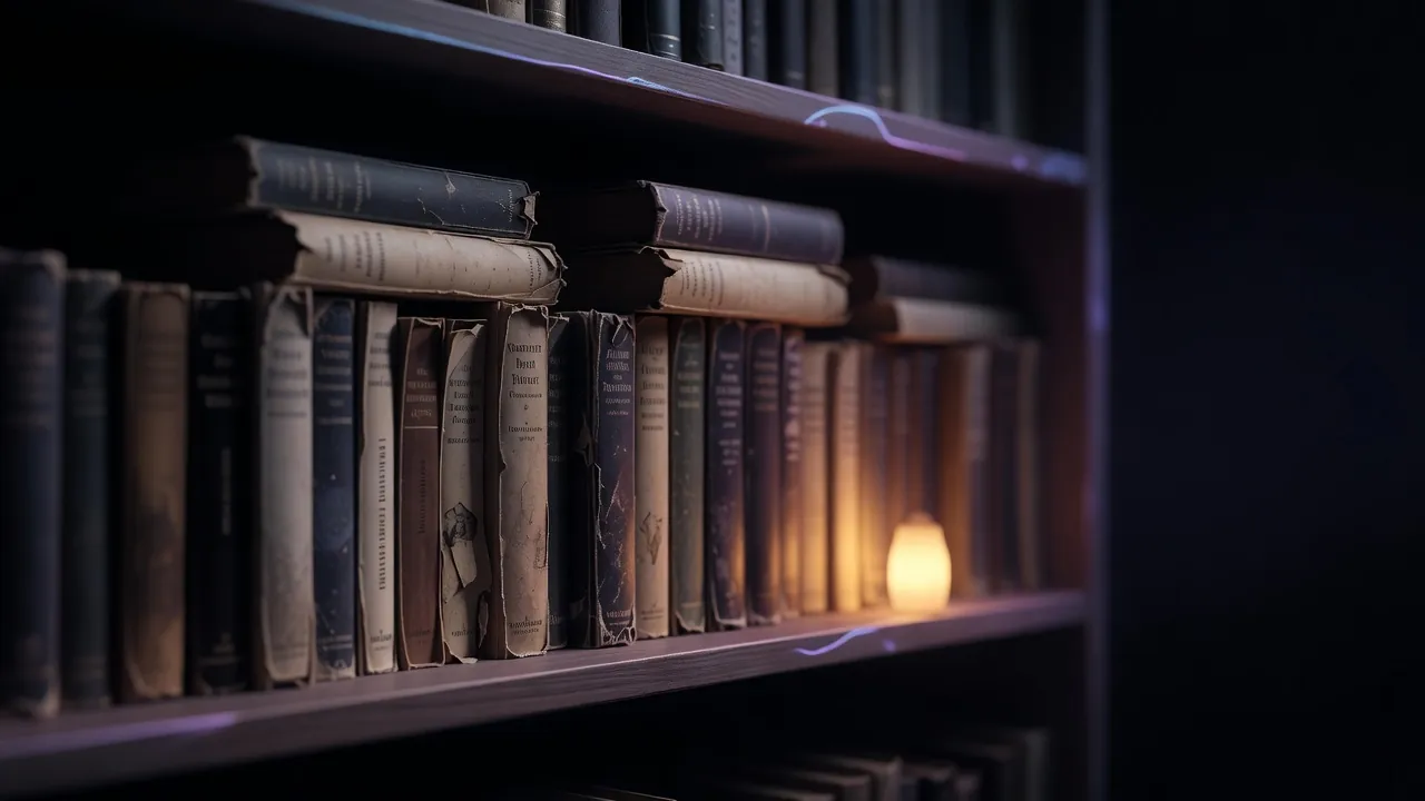 Bibliothèque de romans de science-fiction éclairée par une lampe, ambiance nocturne