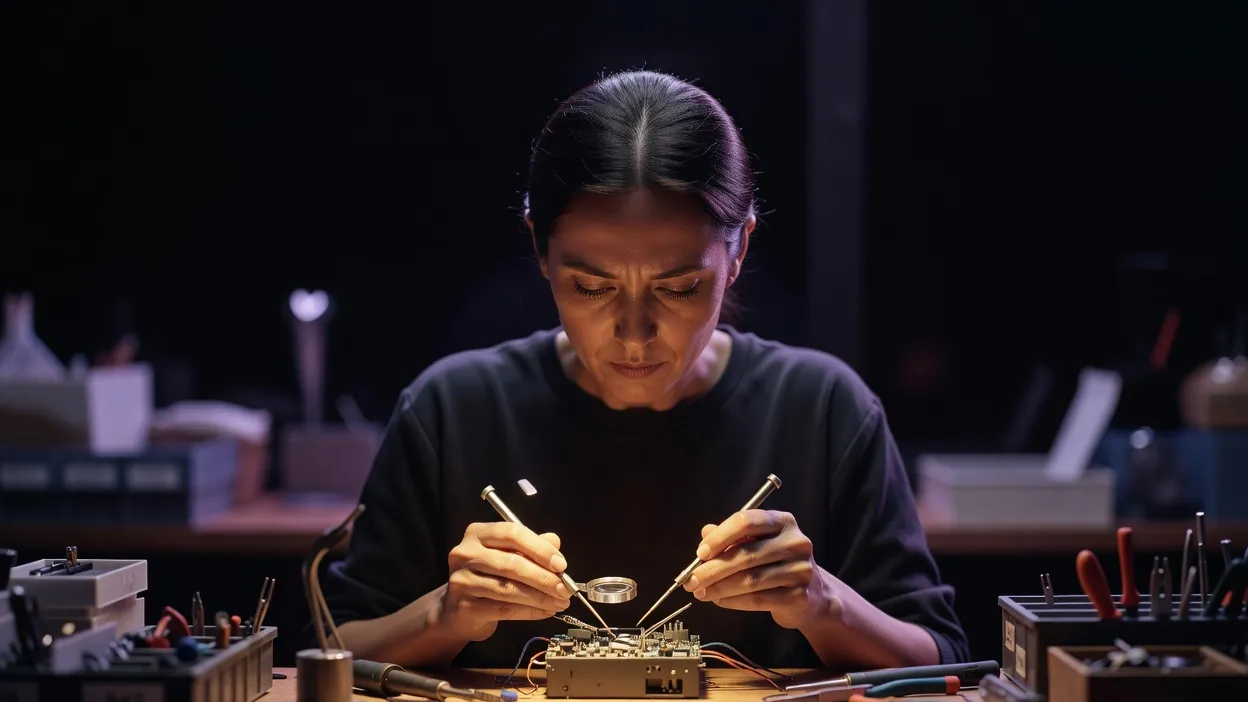 Scène d'atelier nocturne : réparation d'un appareil électronique sur un plan de travail